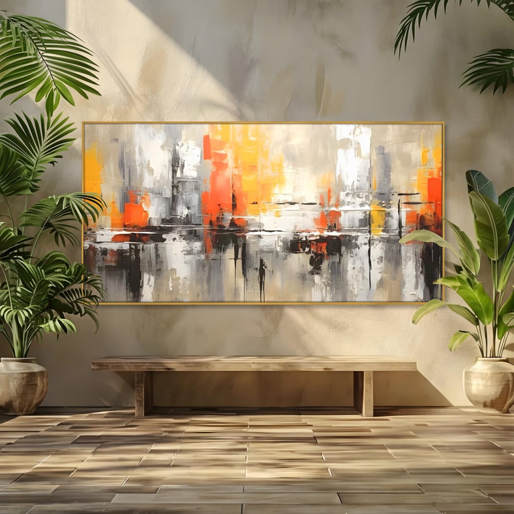 Tablou canvas cu pictura abstracta cu turnuri portocalii, in rama de aluminiu auriu